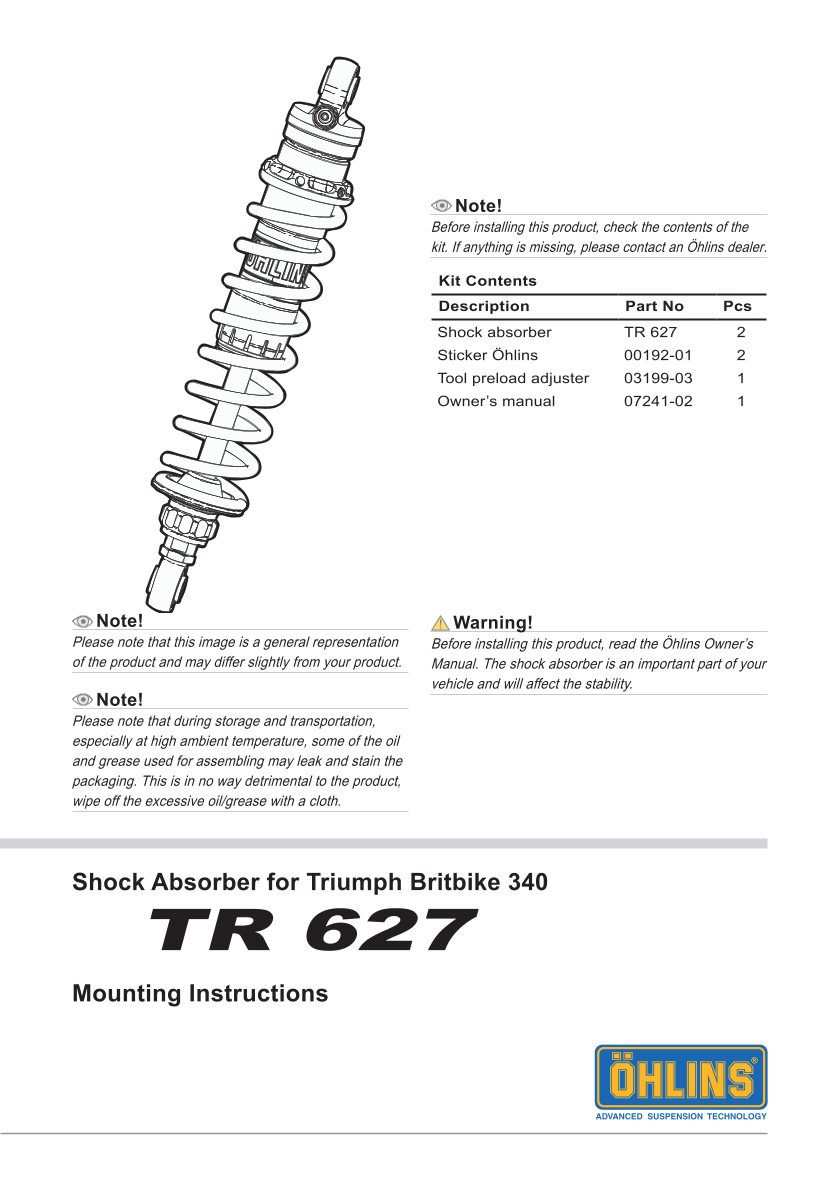 โช๊คหลังแต่ง Ohlins TR627 For Triumph Bonneville T100 ปี 2006-2016