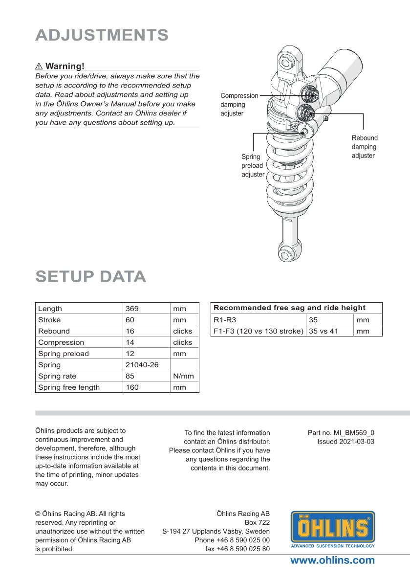 โช๊คหลังแต่ง Ohlins BM569 For BMW M 1000 RR ปี 2021-2023