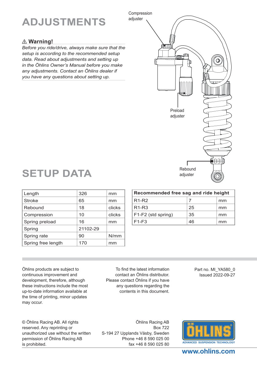 โช๊คหลังแต่ง Ohlins YA580 For Yamaha MT-09 (FZ-09) ปี 2021-2023