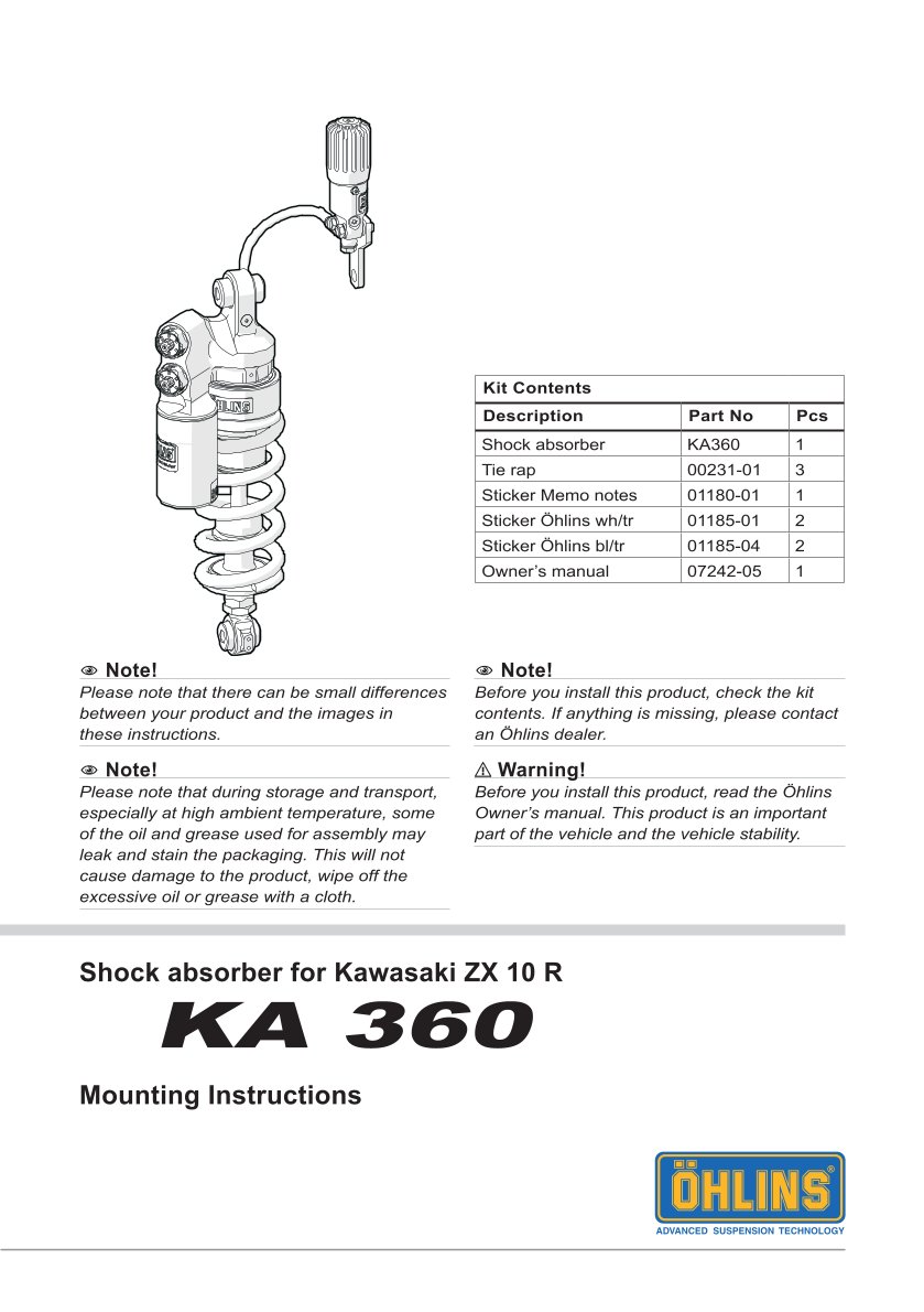โช๊คหลัง OHLINS Sweden KA360 For Kawasaki ZX-10R 2011-2015
