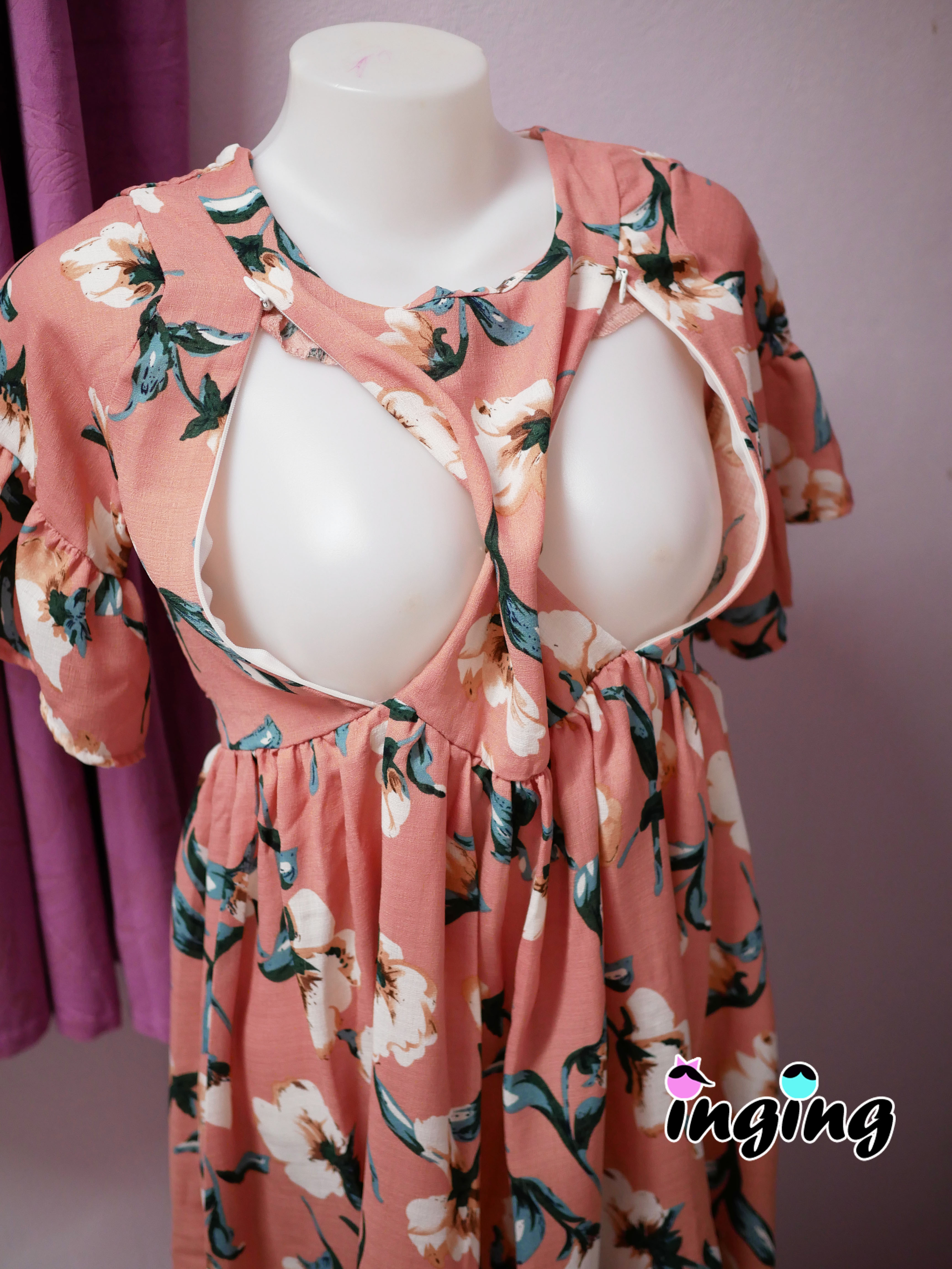 D11_[Size-XL-สีโอรสลายดอกไม้]_เดรสเปิดให้นมแบบซิปแขนระบาย+ใส่คลุมท้องได้