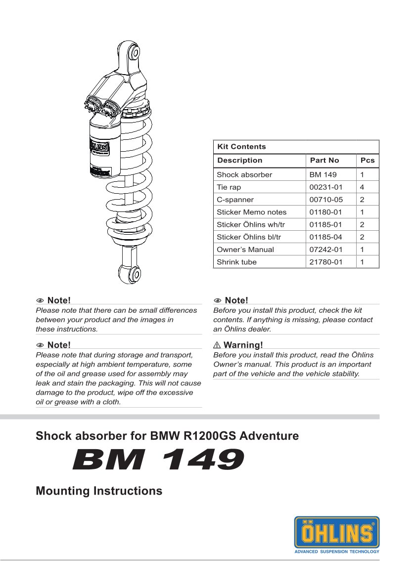 โช๊คหลังแต่ง Ohlins BM149 For BMW R 1250 GSA ปี 2019-2023