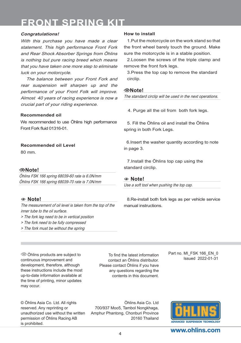 สปริงโช้คหน้า Ohlins FSK166 For Yamaha Exciter 155/Sniper 155/Y16ZR 2021-2022