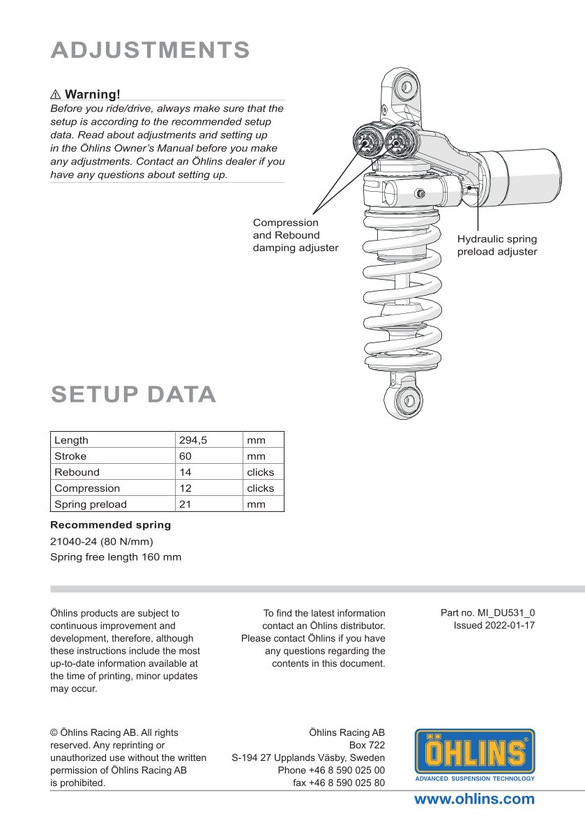 โช๊คหลังแต่ง Ohlins DU531 For Ducati 1098 ปี 2008-2009