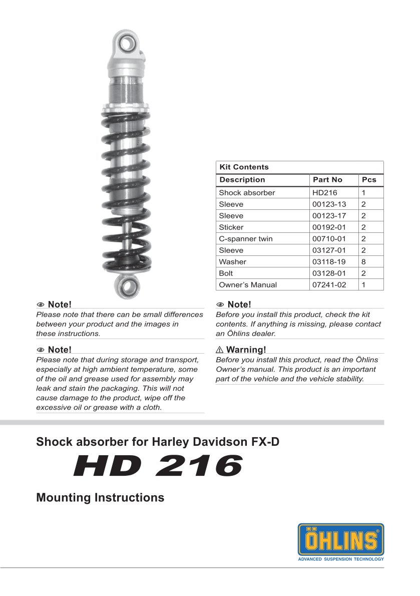 โช๊คหลังแต่ง Ohlins HD216 For Harley-Davidson Dyna FXD ปี 1991-2017