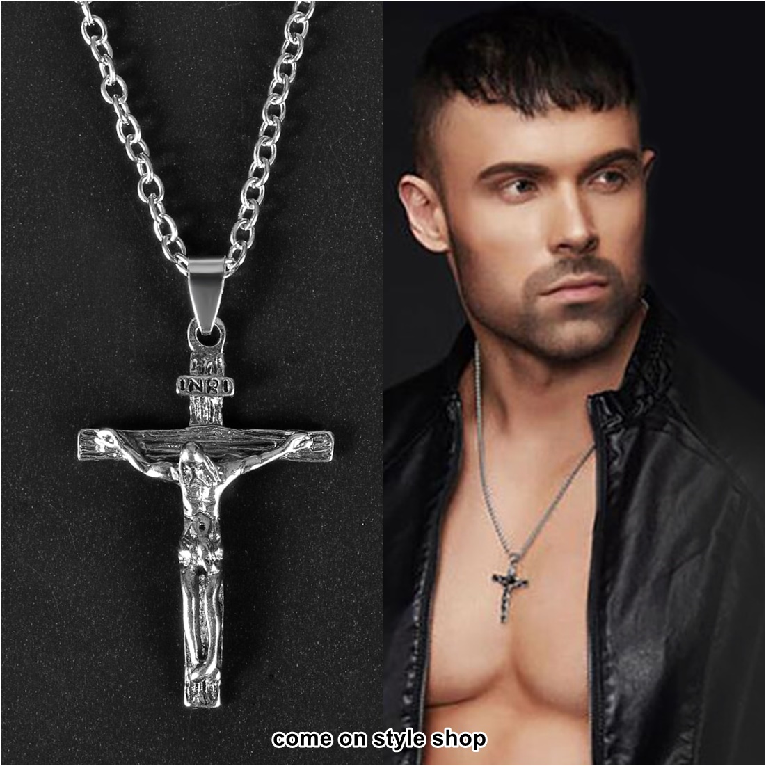 สร้อยคอจี้พระเยซูตรึงไม้กางเขน สร้อยคริสเตียน อัลลอย Christian Pendant Crucifix Jesus Cross Chain Necklace N024