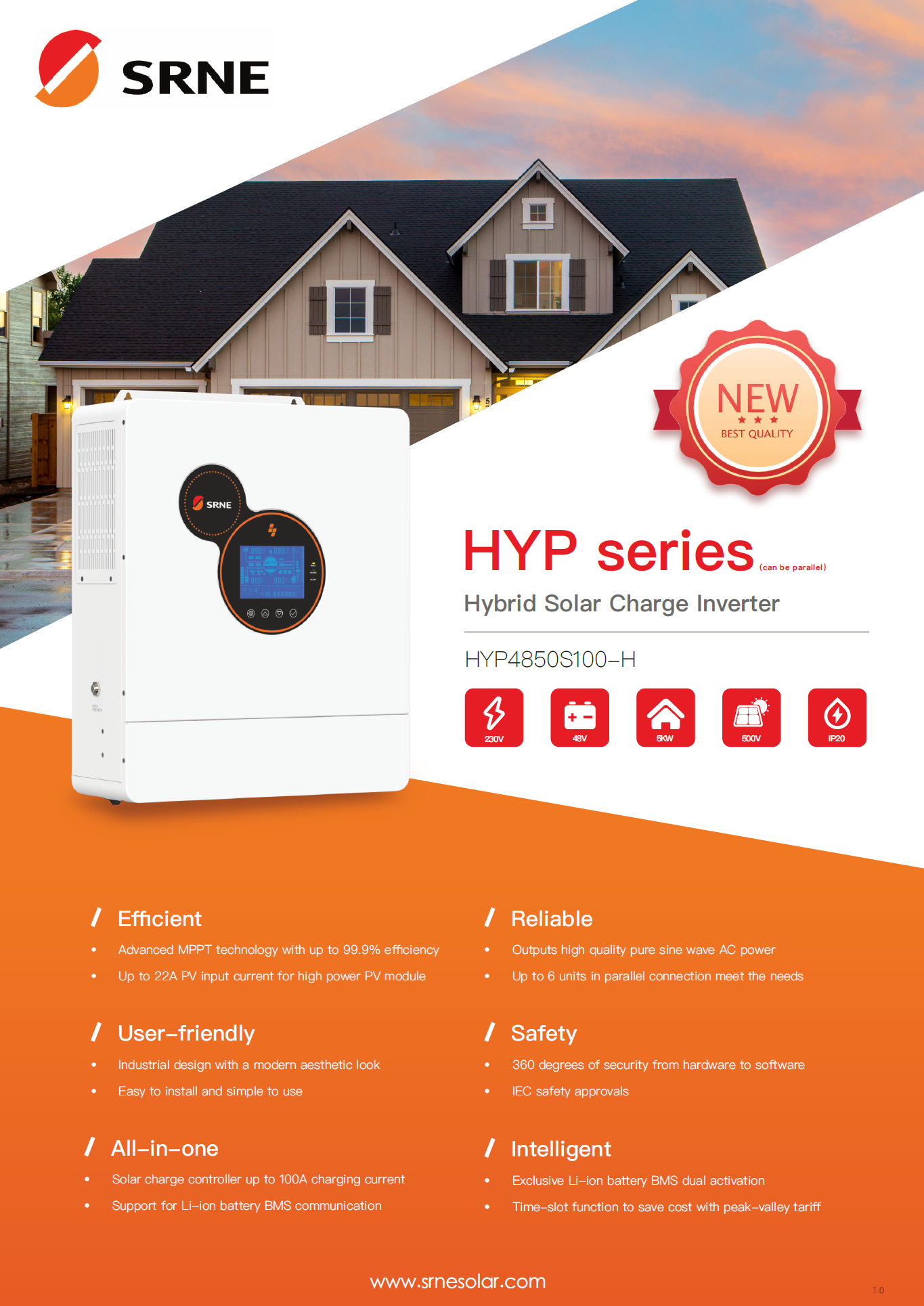 SRNE Hybrid inverter 5kW ไฮบริดออฟกริด ขนานเครื่องได้ รองรับการไม่ต่อแบต พร้อมฟังค์ชั่นออนกริดจากแผง และออนกริดฝั่งACoutput หมดปัญหาไฟย้อน