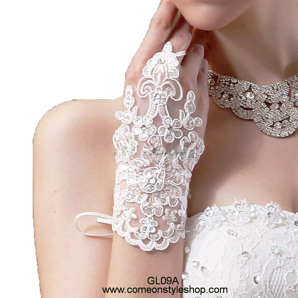 ถุงมือเจ้าสาวแบบสั้น ลายลูกไม้ปักประดับเพชร ถุงมือออกงาน การแสดง Bridal Wedding Gloves