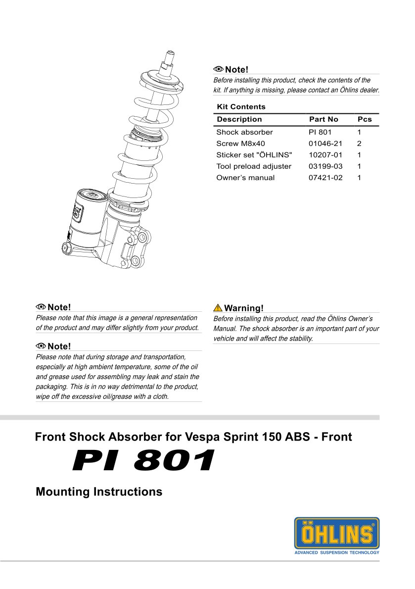 โช้คหน้า OHLINS PI801 For Vespa Sprint 150 ABS 2017-2024