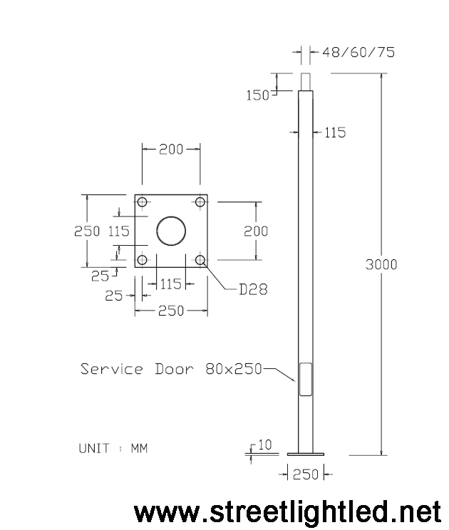 เสาไฟถนนตรง เหล็กสี่เหลี่ยม สูง 3 เมตร