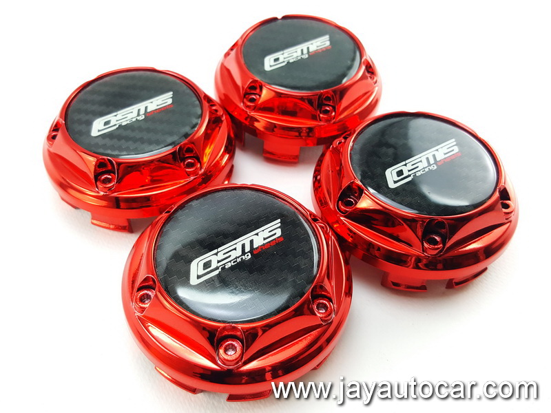 ฝาล้อรถยนต์ แม็กแต่ง ขนาด 73.5 มิล สำหรับ ล้อแม็ก โลโก้ COSMIS RACING WHEELS สีแดง 1ชุด 4ชิ้น 73.5mm.