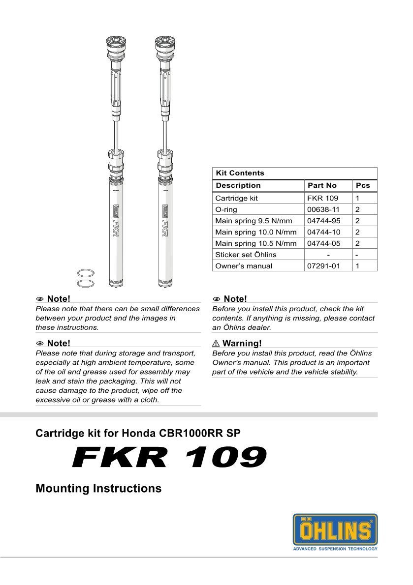 สปริงโช้คหน้า Ohlins FKR109 For Honda CBR1000RR SP (Öhlins FL 910) 2014-2016