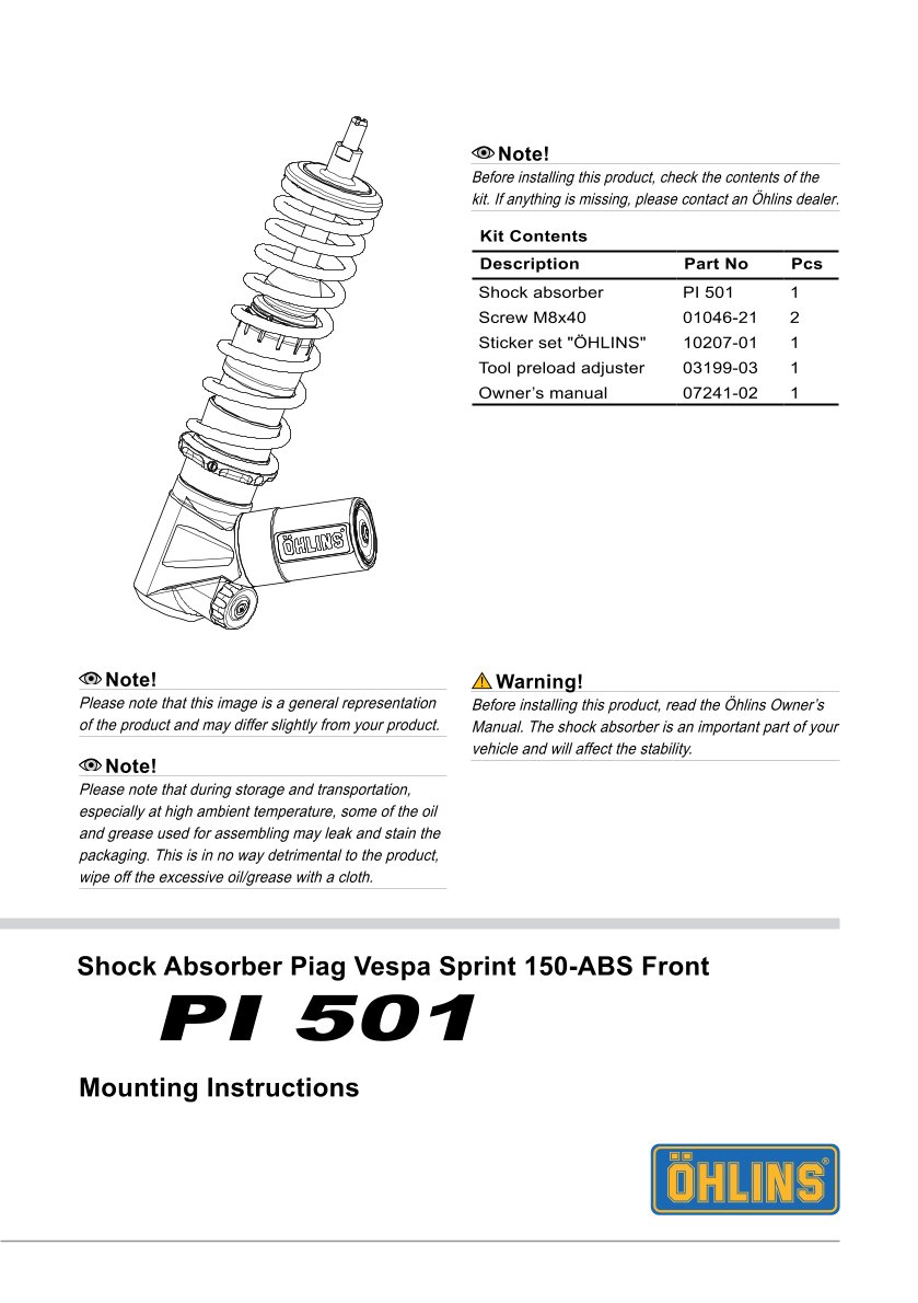 โช้คหน้า Ohlins PI501 For Vespa Sprint 150 ABS 2017-2025