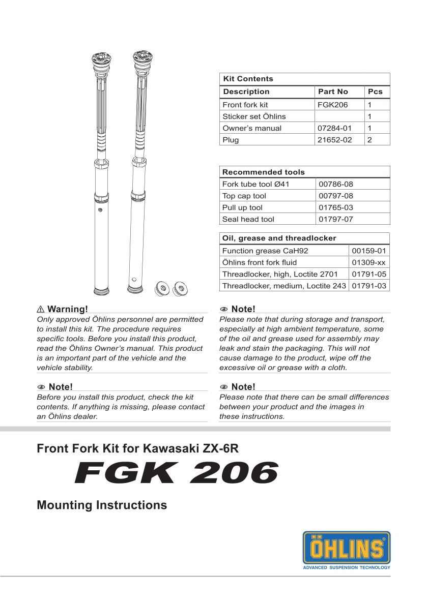 สปริงโช้คหน้า Ohlins FGK206 For Kawasaki ZX-6R (600cc) 2009-2016