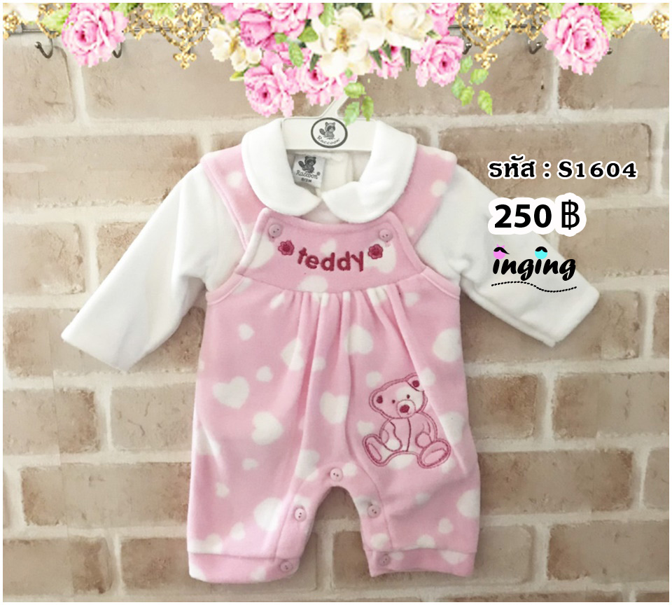 S1604_[Size-0-3-เสื้อขาวเอี๊ยมชมพูลายteddy]_ชุดเช็ต2ชิ้น(เสื้อ+เอี๊ยม)