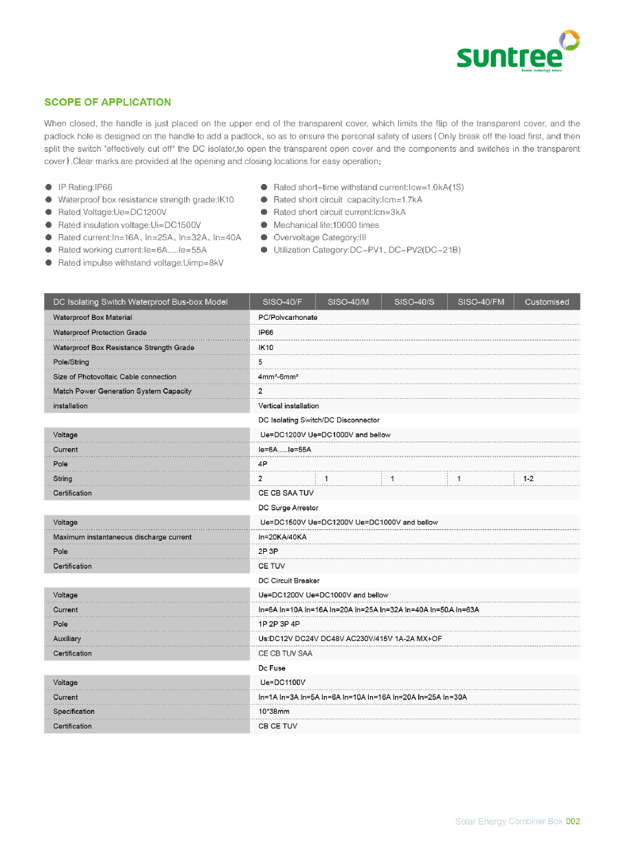 Suntree ชุด DC isolate switch ติดตั้งในกล่องกันน้ำพร้อมกันฟ้า (Suntree SISO-40S 5kW )