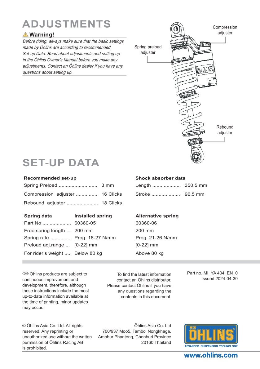โช๊คหลังแต่ง Ohlins YA404 For Yamaha PG-1 ปี 2023-2024