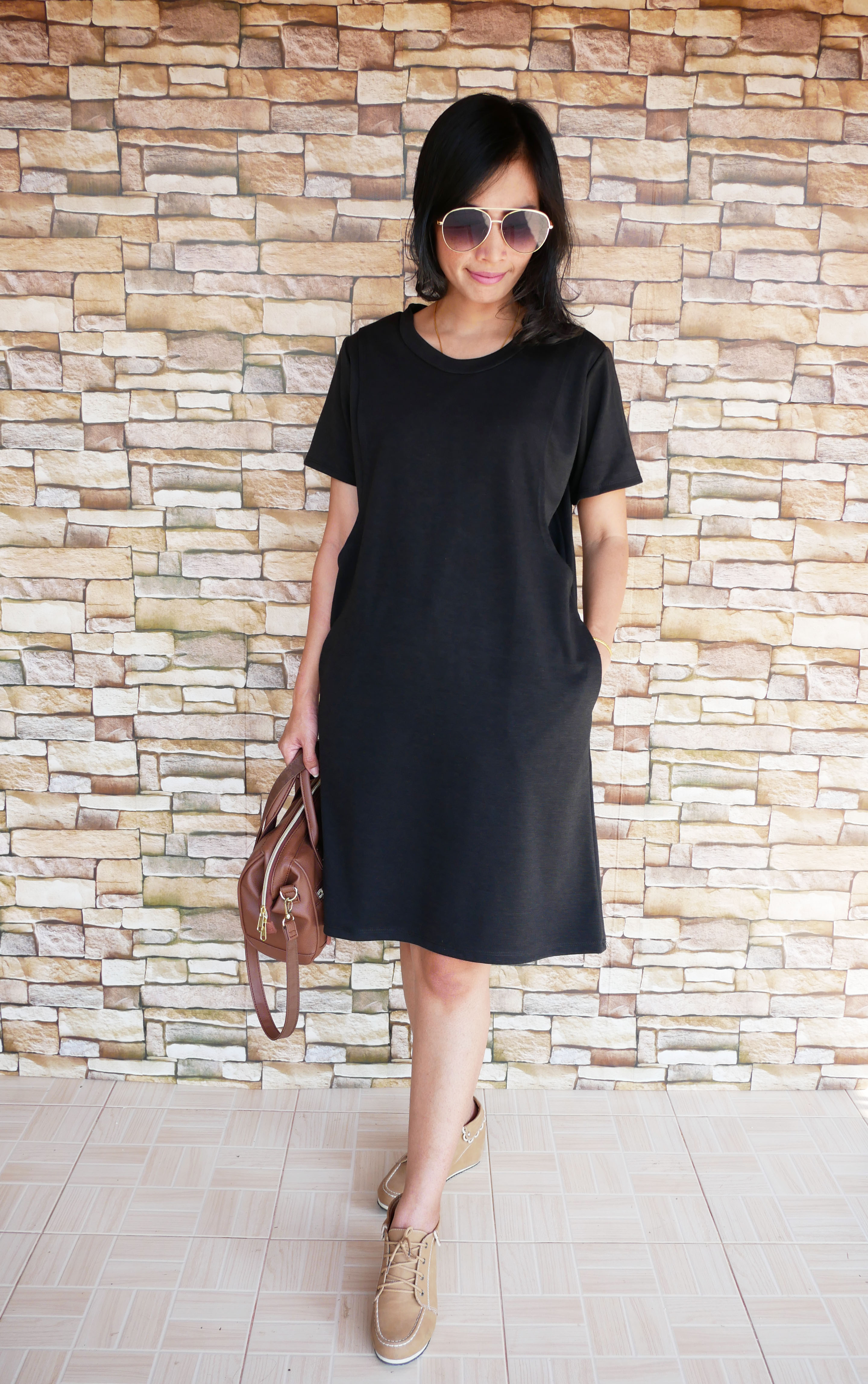 D10_[Size-M-สีดำ]_เดรสเปิดให้นมแขนสั้นคอกลมO+ใส่คลุมท้องได้