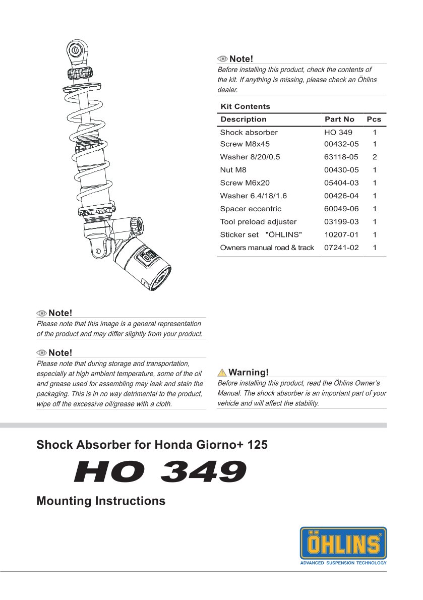 โช๊คหลังแต่ง Ohlins HO349 For Honda Giorno+ 125 ปี 2023-2024
