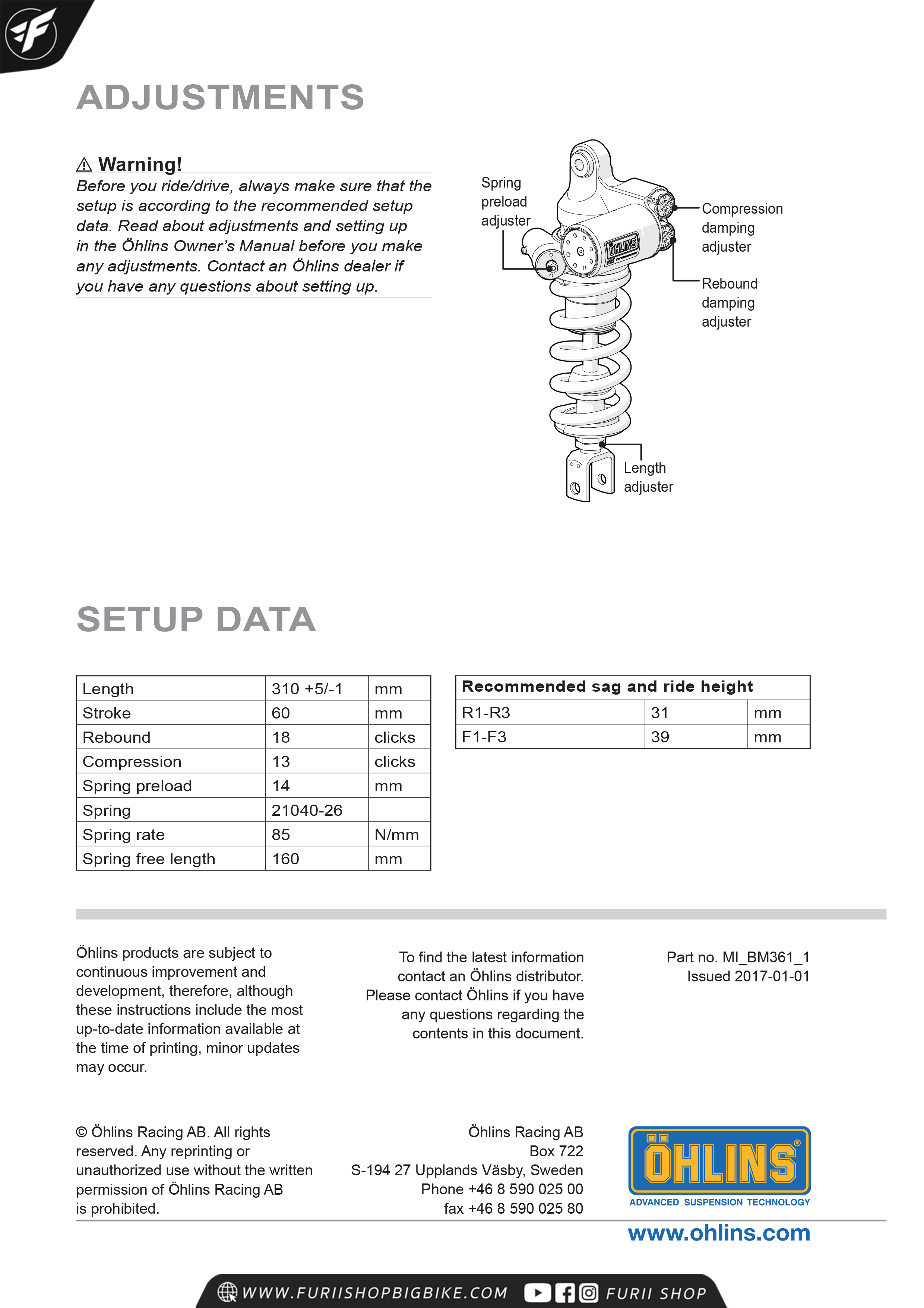 โช๊คหลัง OHLINS Sweden BM361 TTX GP For BMW S1000RR 2012-2014