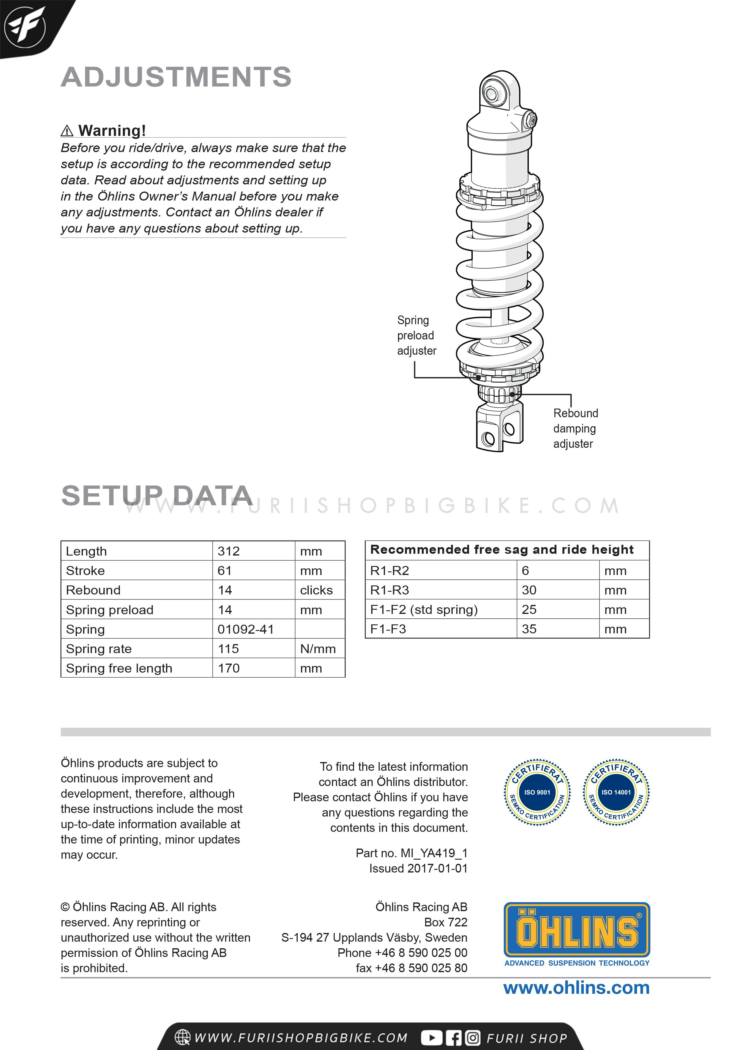 โช๊คหลัง OHLINS Sweden YA419 Yamaha MT-07, XSR700 2014-2017