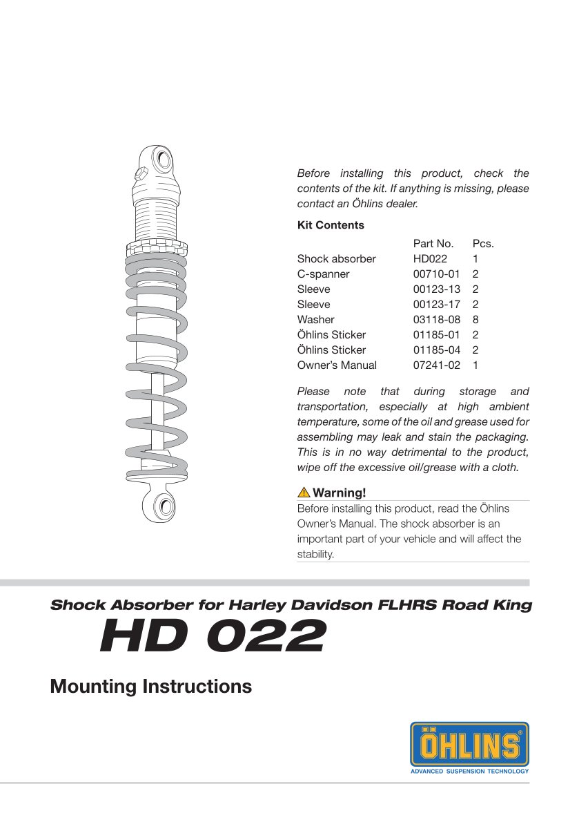 โช๊คหลังแต่ง Ohlins HD022 For Harley-Davidson FL Touring (Road King, Street Glide, Electra Glide etc) ปี 1990-2022