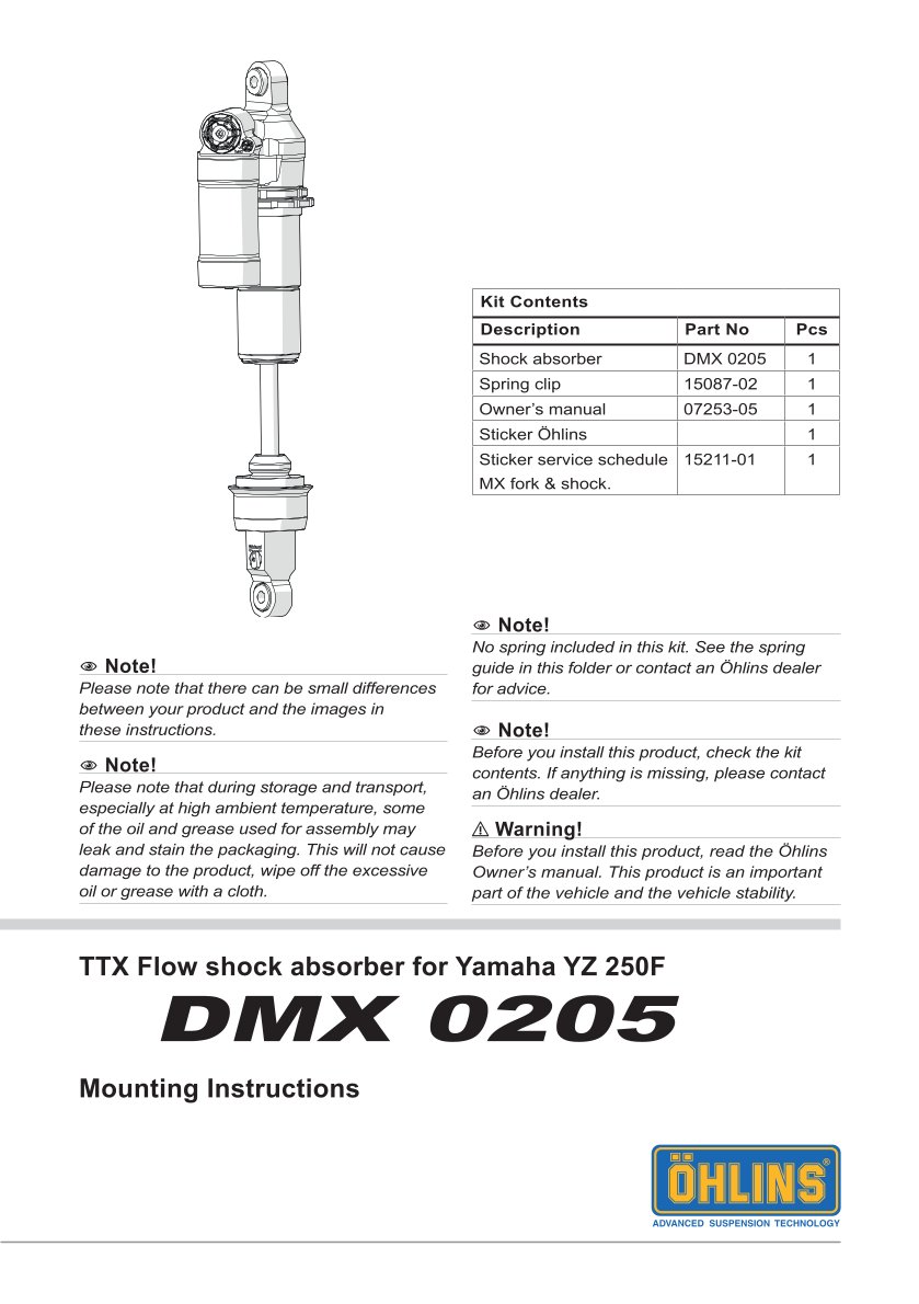 โช๊คหลังแต่ง Ohlins DMX0205 For Yamaha YZ 250F ปี 2017-2023