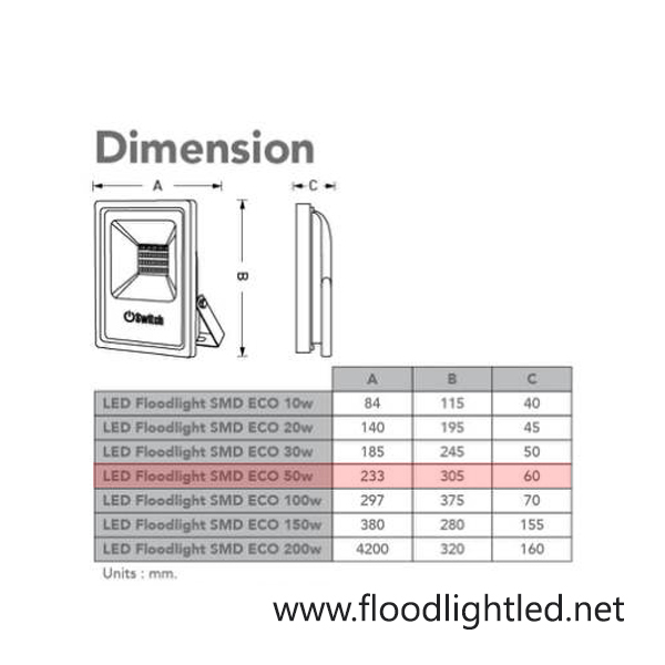 สปอร์ตไลท์ LED 50w รุ่น SMD ECO ยี่ห้อ Switch (แสงขาว)