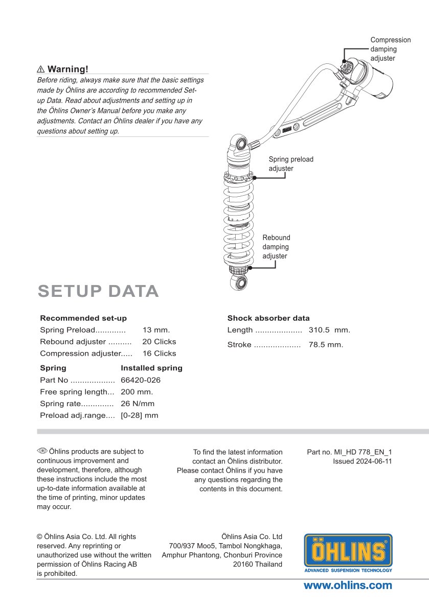 โช๊คหลังแต่ง Ohlins HD778 For Harley-Davidson FL Touring (Road King, Street Glide, Electra Glide etc) 12" ปี 2014-2024