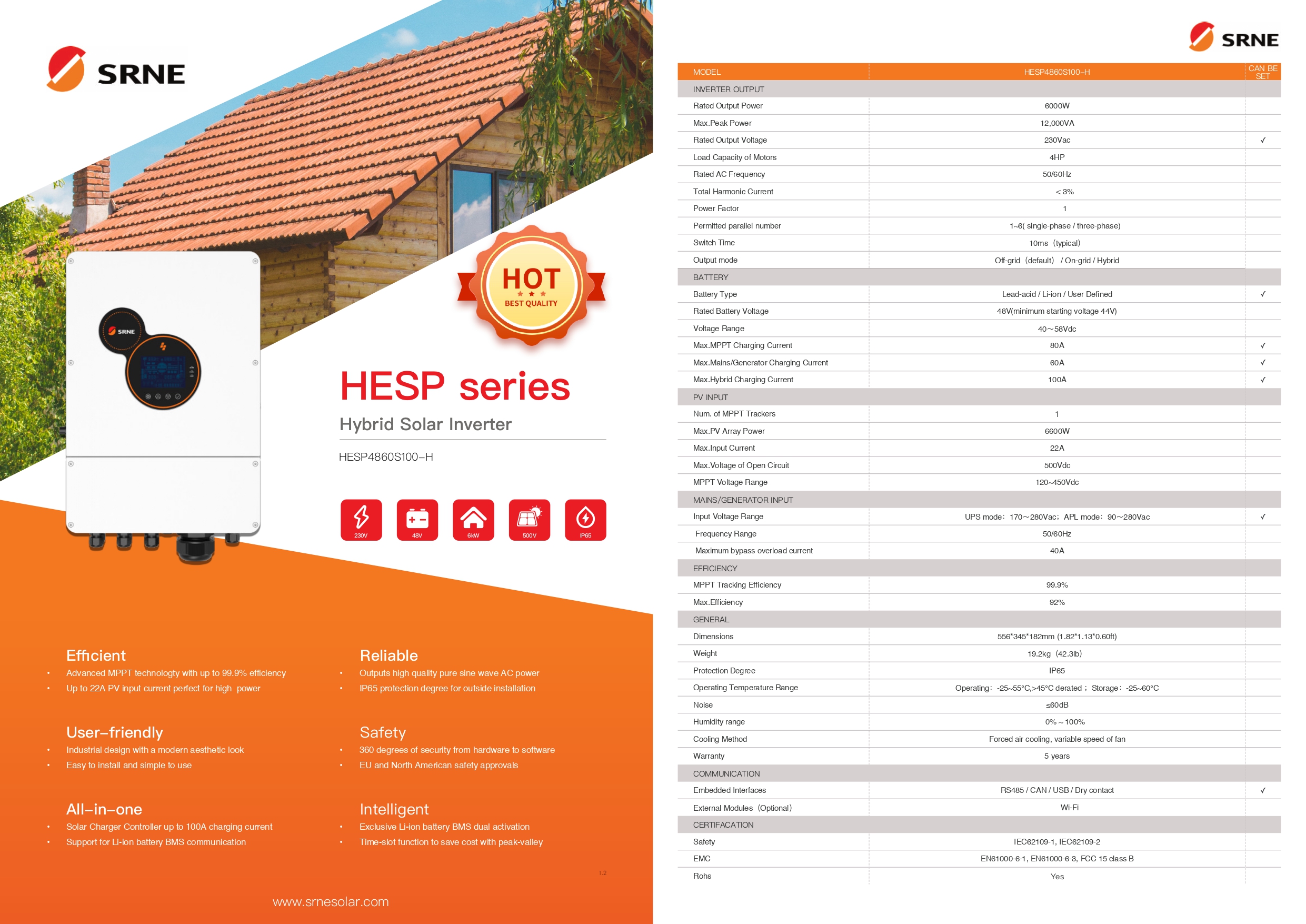 SRNE Hybrid inverter 6kW ไฮบริด ออนกริด/ออฟกริด ขนานเครื่องได้ รองรับการไม่ต่อแบต มีระบบกันไฟย้อน ตัวเครื่องกันน้ำกันฝุ่น ต่อแผงได้2สตริง รับแผง500V