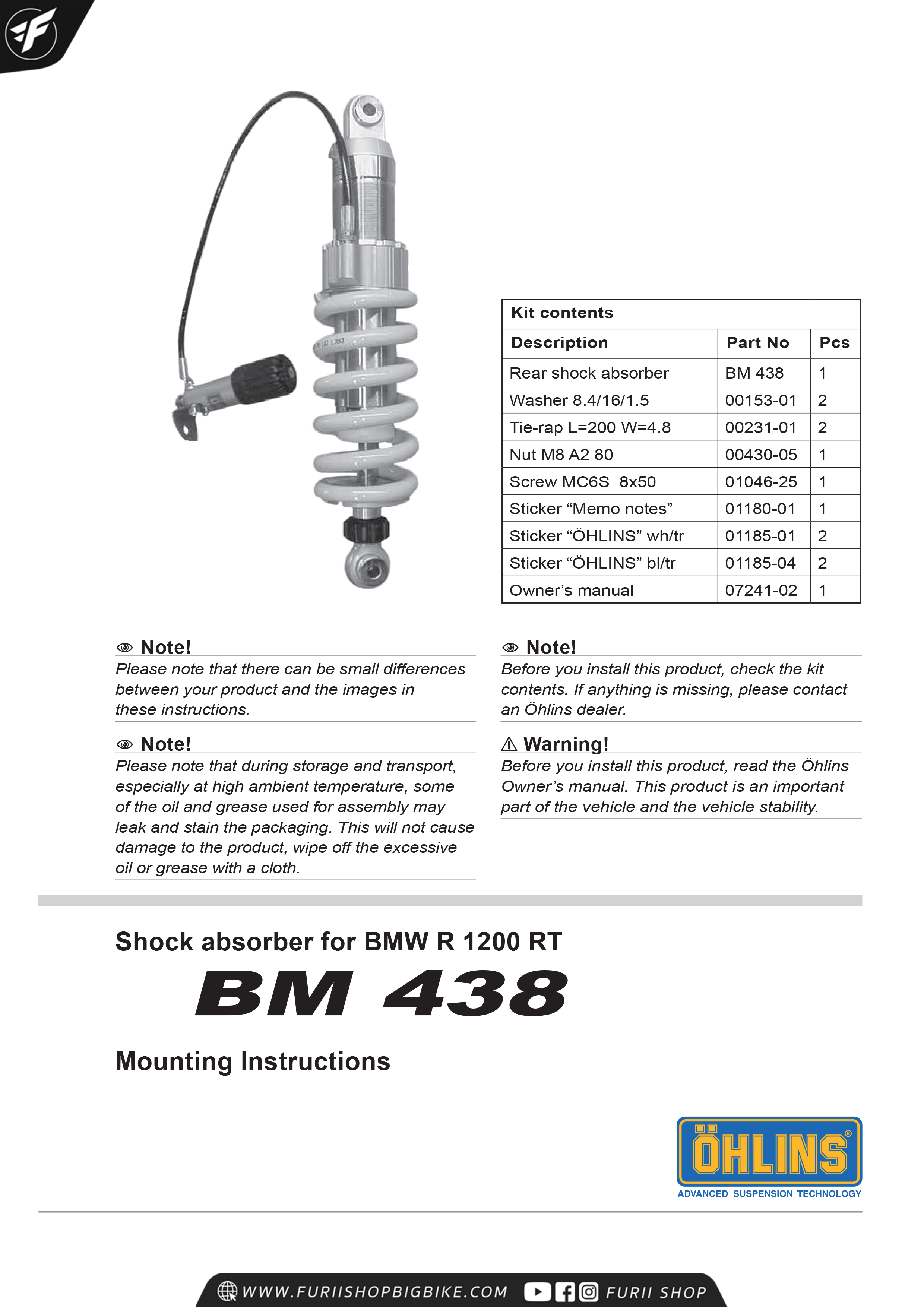 โช๊คหลัง OHLINS Sweden BM438 For BMW R1200RT K52 2014-2018