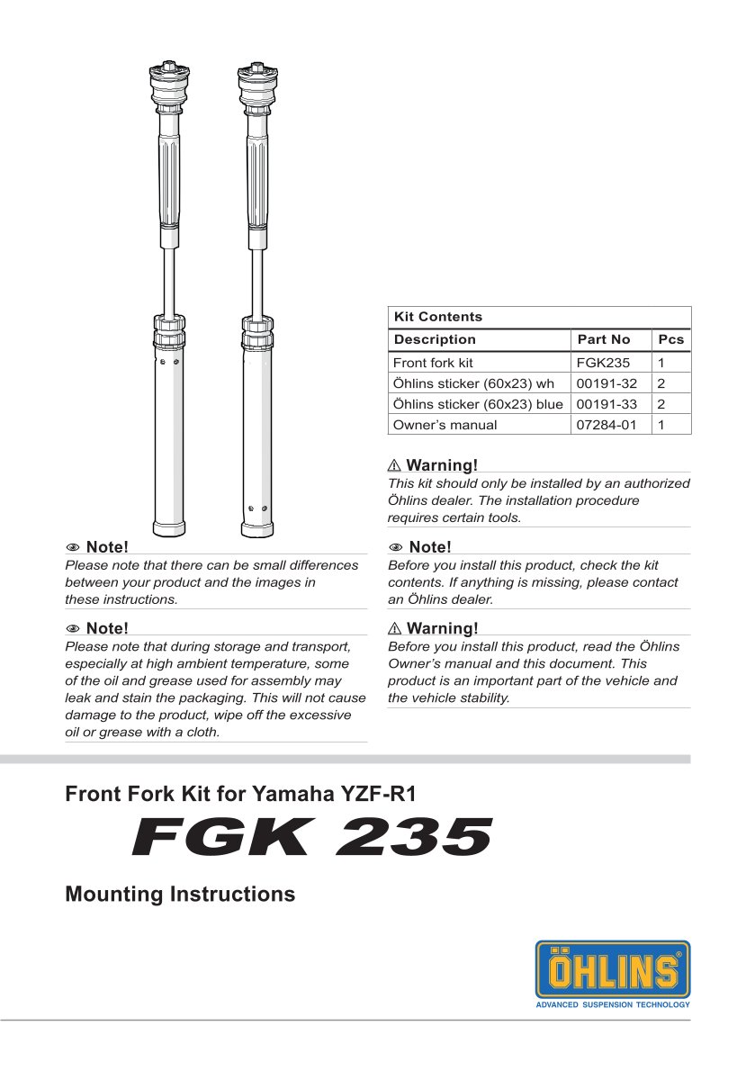 สปริงโช้คหน้า Ohlins FGK235 For Yamaha YZF R1 2015-2019