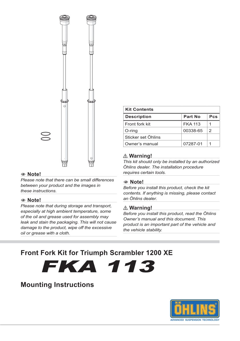 สปริงโช้คหน้า Ohlins FKA113 For Triumph Scrambler 1200 XE (Showa) 2019-2022