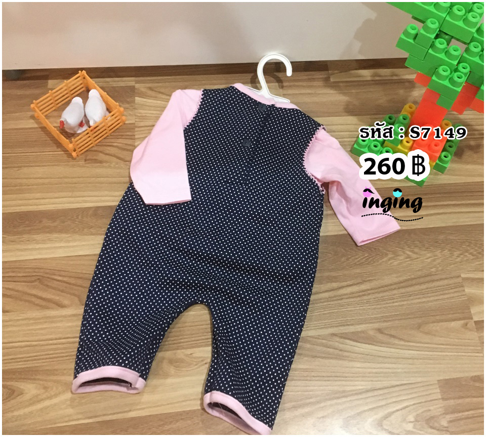 S7149_[Size-0-3-สีกรมลายจุด]_ชุดเช็ต2ชิ้น(เสื้อ+เอี๊ยม)