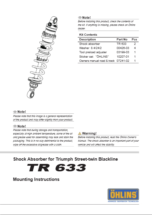 โช๊คหลังแต่ง Ohlins TR633 For Triumph Street Twin ปี 2016-2021