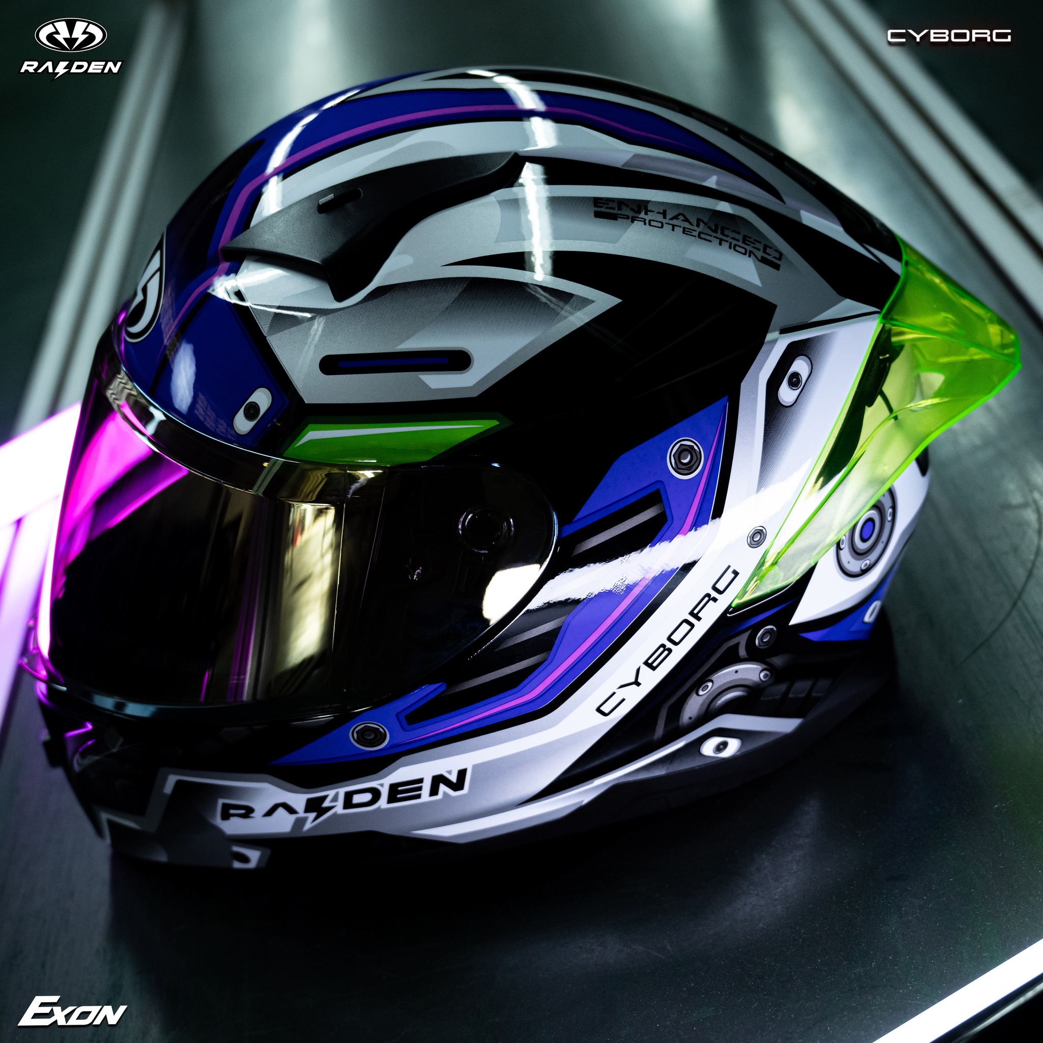 หมวกกันน็อคเต็มใบ RAIDEN รุ่น EXON ลาย CYBORG รองรับการติดตั้ง Bluetooth สปอยเลอร์หลังดีไซน์โฉบเฉี่ยวทันสมัย