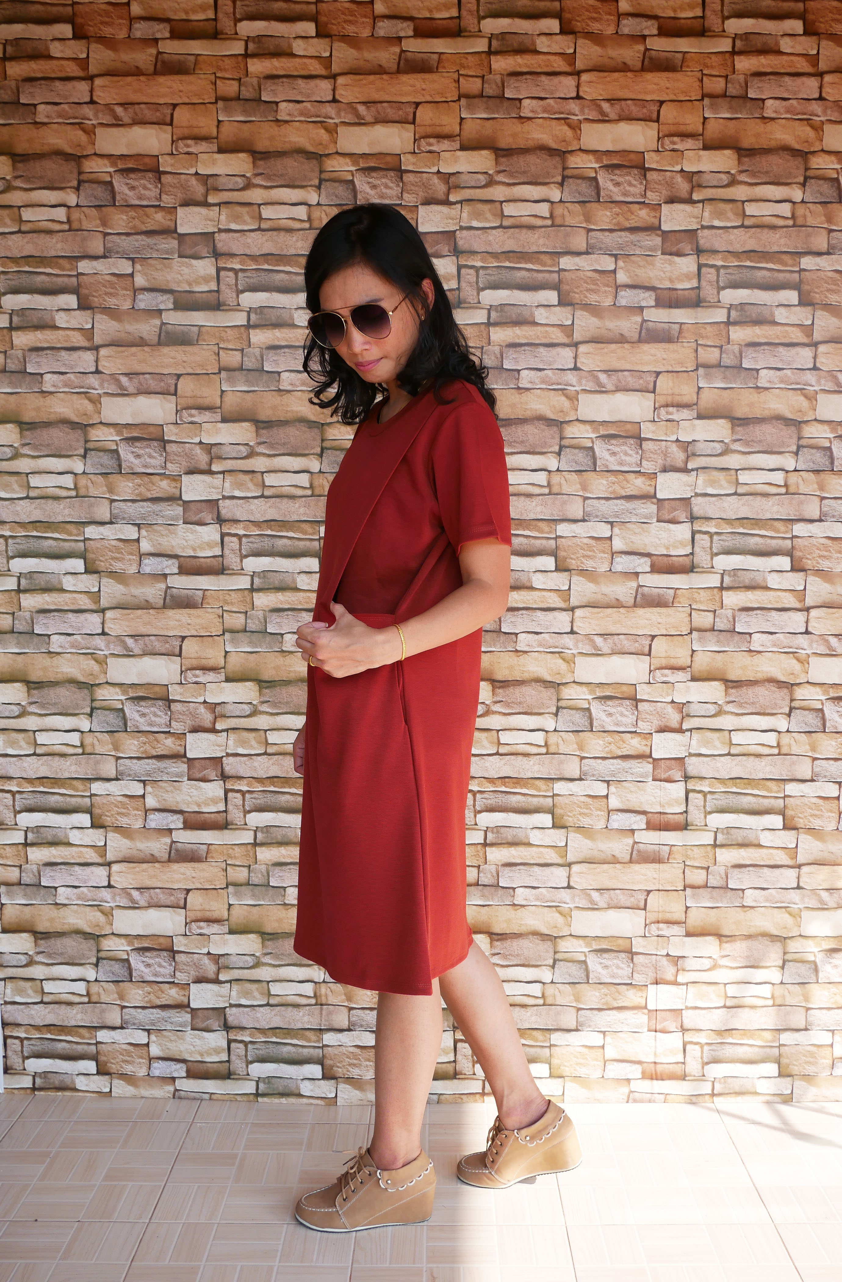 D10_[Size-M-สีแดงไวน์]_เดรสเปิดให้นมแขนสั้นคอกลมO+ใส่คลุมท้องได้