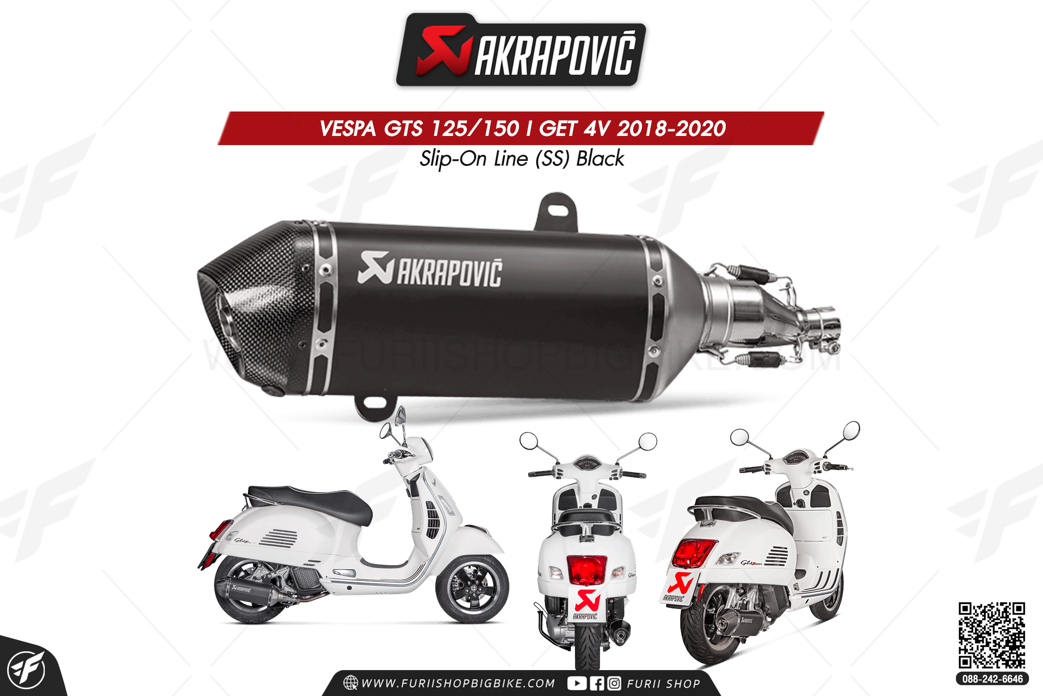 ท่อแต่ง Akrapovic Exhaust Slip-On Line (SS) Black Vespa GTS 125/150 I GET 4V 2018-2020