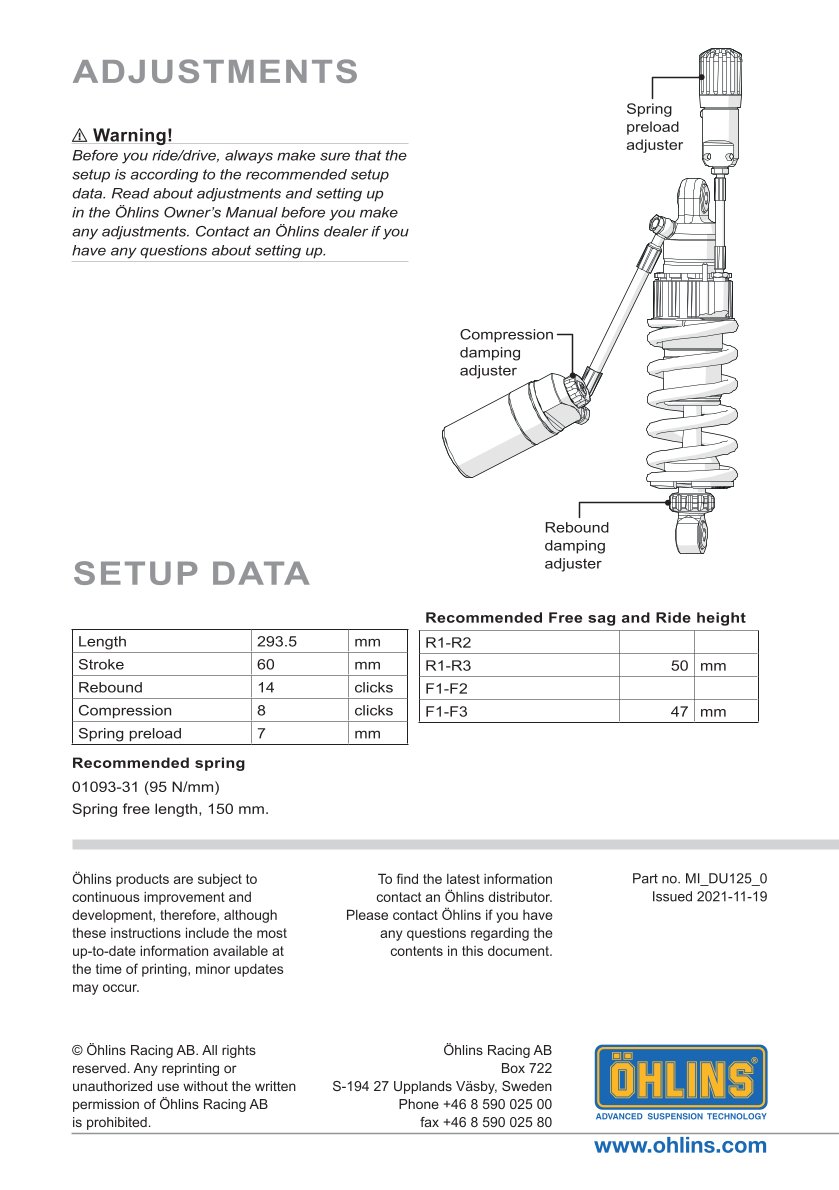 โช๊คหลังแต่ง Ohlins DU125 For Ducati Monster 950 + ปี 2021-2023