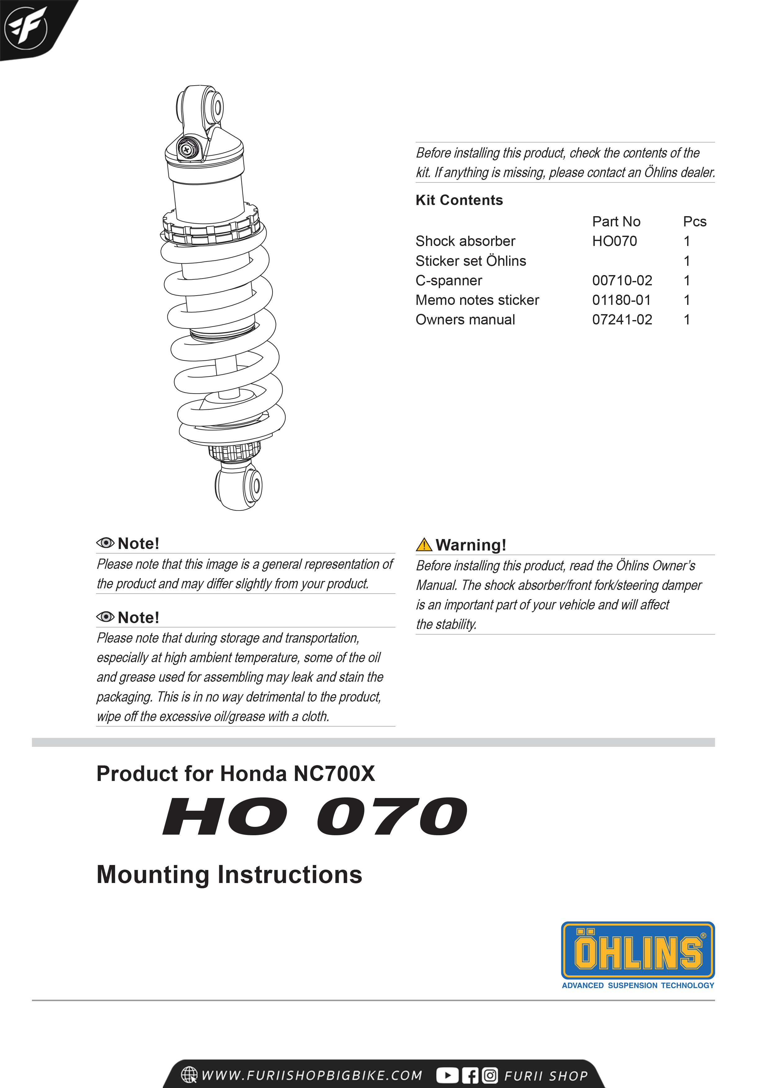 โช๊คหลัง โช๊คอัพ โช๊คแต่ง โช๊คมอเอตร์ไซค์ OHLINS HO070 STX46 STREET FOR HONDA NC750X 2012-2013