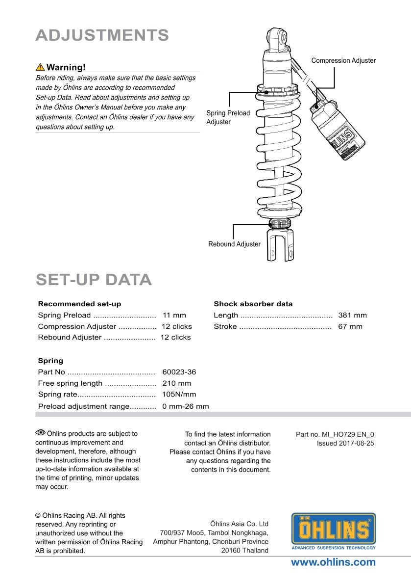 โช๊คหลังแต่ง Ohlins HO729 For Honda CRF250L (Asian Version) ปี 2017-2020