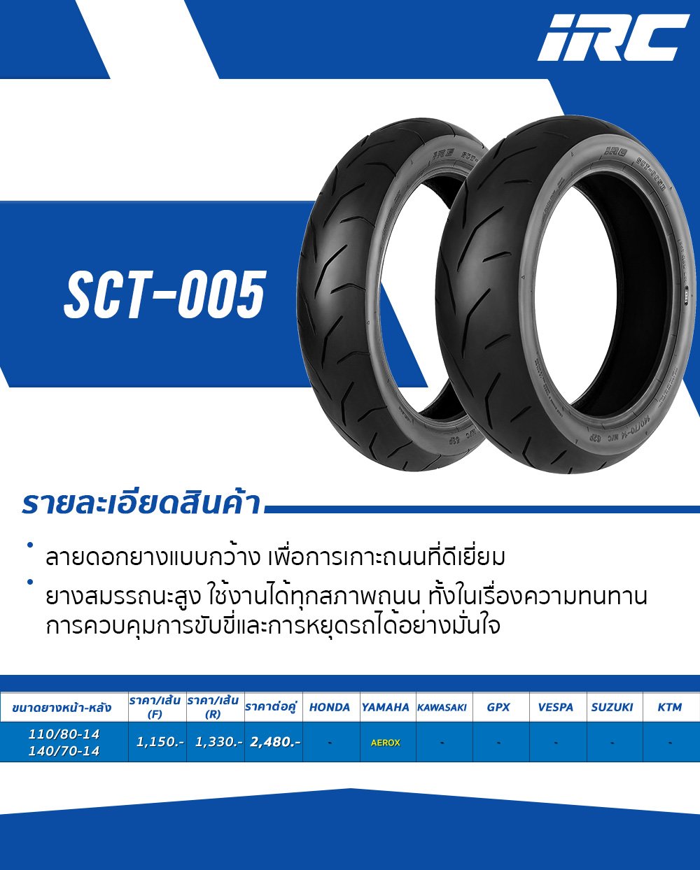 ยางมอเตอร์ไซค์ ยางนอก IRC SCT-005 T/L (Aerox) ยางหน้า : 110/80-14
