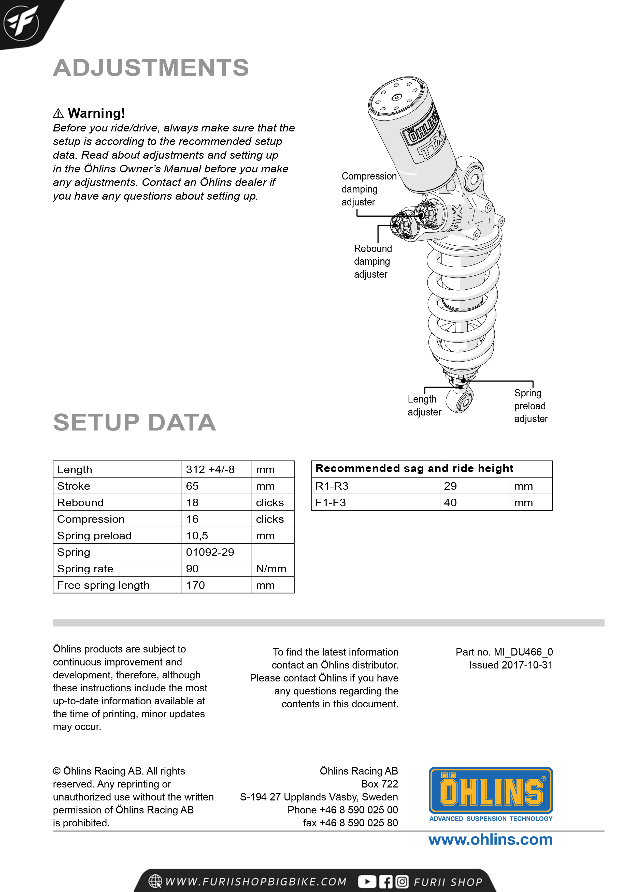 โช๊คหลัง OHLINS Sweden DU466 For Ducati Panigale1199, 1299