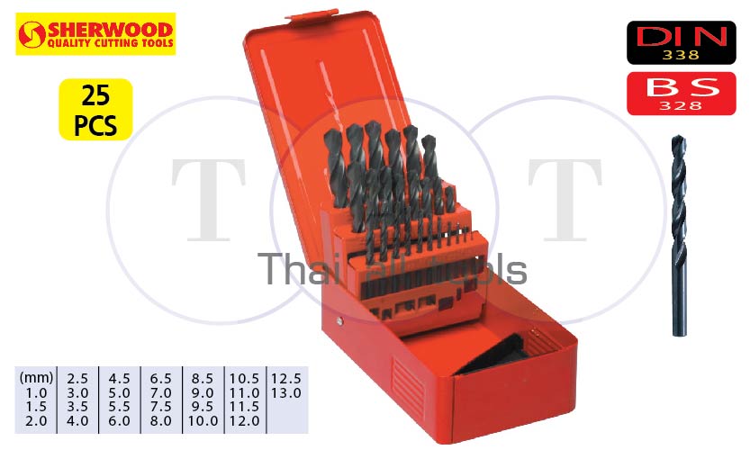 ชุดดอกสว่านเจาะเหล็ก (mm) SET OF 25 HSS DRILLS 1-13.00mm x 0.5mm SHERWOOD