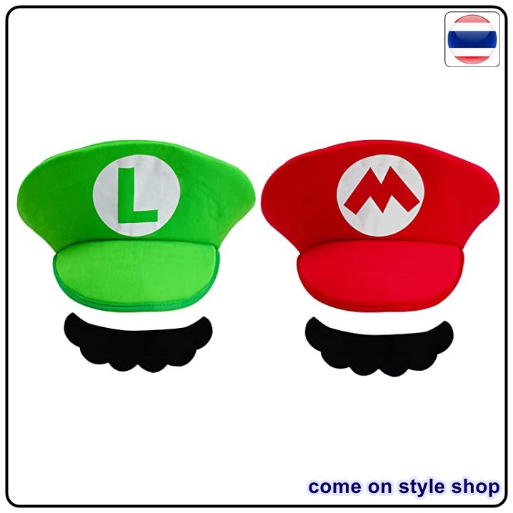 หมวกมาริโอ + หนวด หมวกเด็ก หมวกการ์ตูน Mario Bros หมวกแฟนซี หมวกอนิเมะ ลุยจิ หมวกเขียว หมวกแดง ขนาด 56 ซม (อายุ 8-16 ปี)