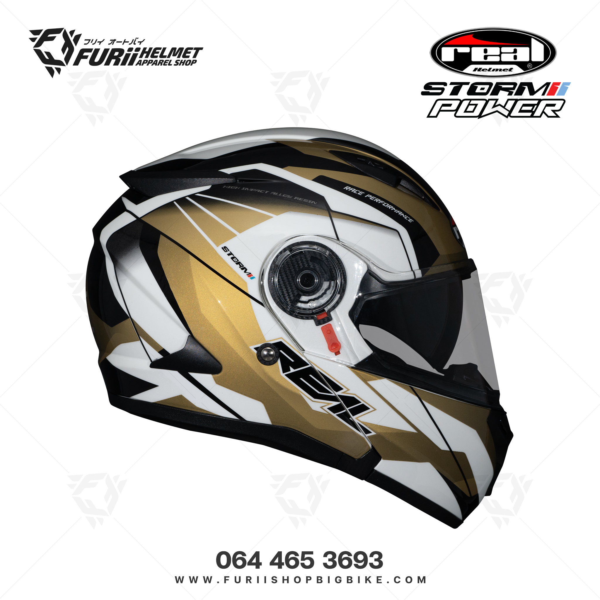 หมวกกันน็อคเต็มใบ Real : Storm Power ขาว-ทอง