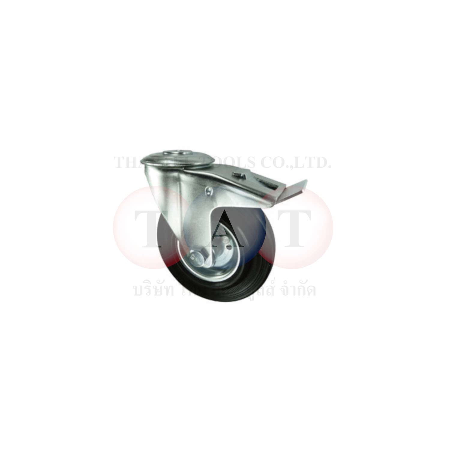 Atlas Workholders.Pressed Steel Castor With Swivel Bolt Hole Rubber Tyre with Brake, Steel Centre 80mm