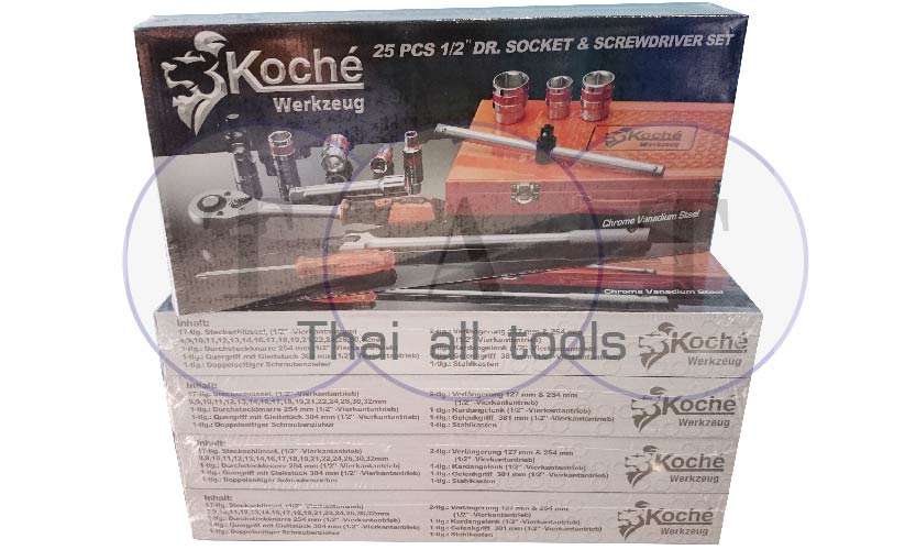ชุดบ๊อกซ์ 1/2" พร้อมไขควง 25 ตัว/ชุด (มิล) พร้อมกล่องเหล็กแข็งแรง KOCHE