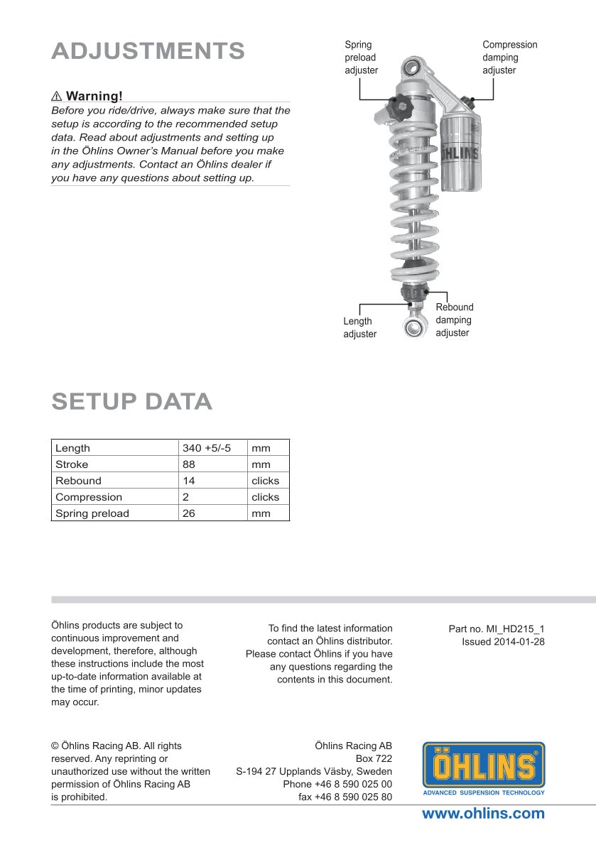 โช๊คหลังแต่ง Ohlins HD215 For Harley-Davidson Dyna FXD ปี 1991-2017