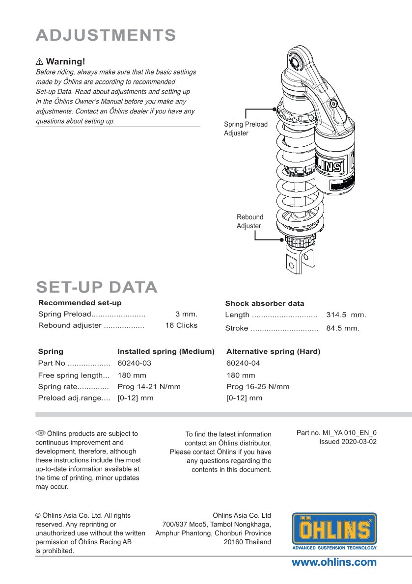 โช๊คหลังแต่ง Ohlins YA010 For Yamaha Cygnus 6 ปี 2020-2022